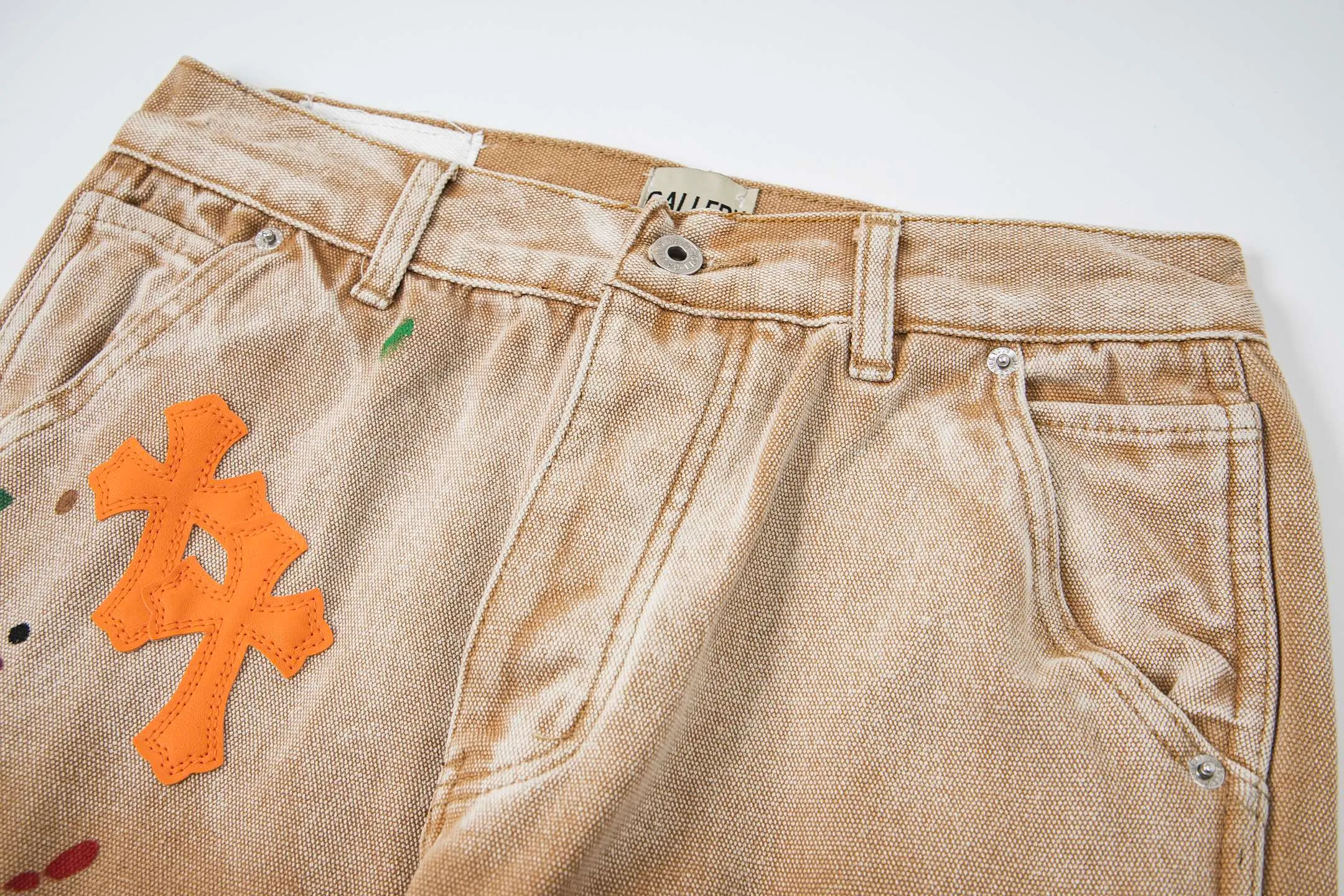 #8200 P260💰 Independent GALLERY DEPT. Vintage splash-ink splicing khaki orange cross loose washed flared jeans - truly restore the ultimate vintage texture - original hardware accessories washed and other elevators, QR code analysis are all purchased from the original factory, high degree of restoration, you are welcome to compare with certain products ~ - three-dimensional version Loose and comfortable, not picky about the figure, tall and slim, factory Seiko, original quality control, same style for men and women, can be matched with couples, versatile recommendation Essential jeans for all seasons - sizes: 28 30 32 34 36